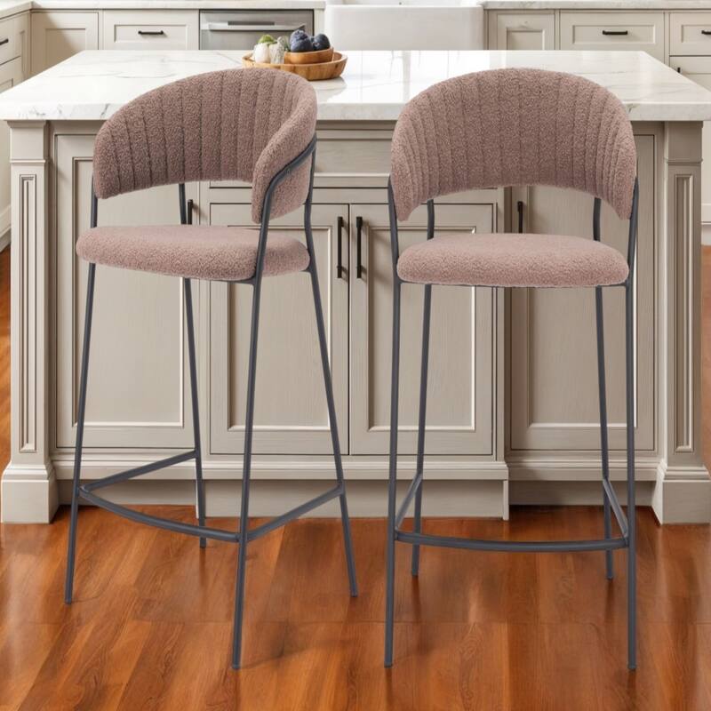 Set of Two 26" Brown and Black Shearling and Steel Low Back Counter Height Bar Chairs - 35.8”H x 20.5”W x 20.9”D