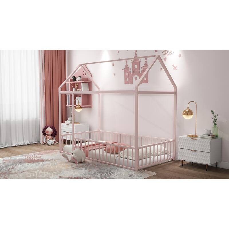 Kids' Twin/Full Metal House Bed Frame with Roof and Fence, Playful Sleep and Play Space, Sturdy Frame, Multiple Colors