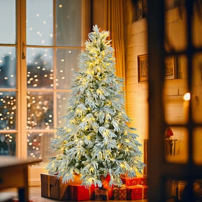 6FT Pre-Lit Spruce Snow Flocked Christmas Tree with 300 Multi-Color LED Lights