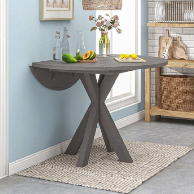 Farmhouse 42" Round Wood Dining Table with Drop Leaf for Small Places, Grey