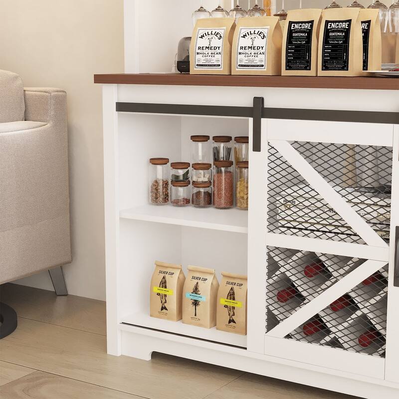 Gymojoy 16-Color LED Bar Cabinet with Wine Rack, White Kitchen Hutch for Coffee Bar & Dining Room, Farmhouse Storage Cabinet