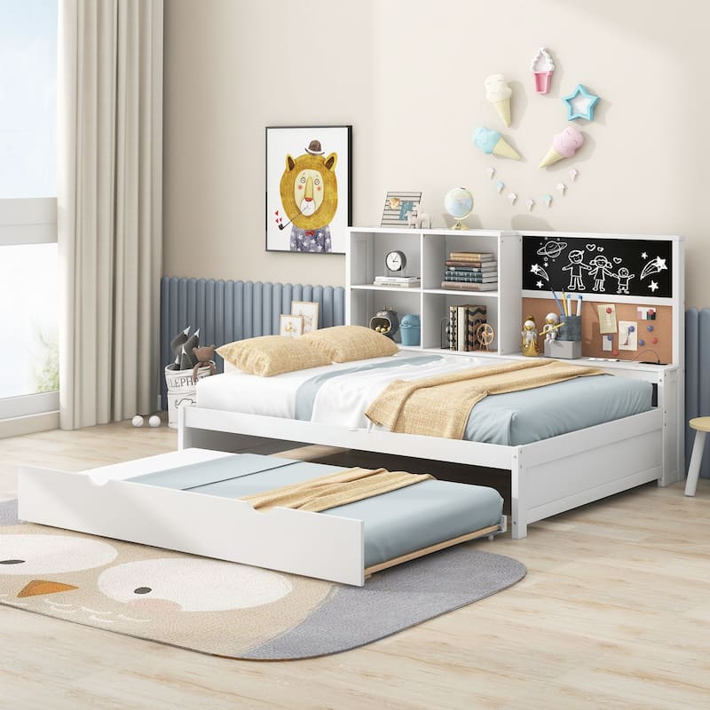 Full Size Wood Daybed with Storage Shelves, Blackboard, Cork Board, USB Charging Ports, and Trundle