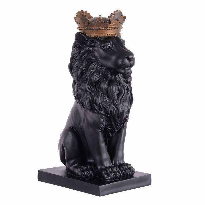Sitting Lion with Crown Statue - 14.5" - Black and Gold