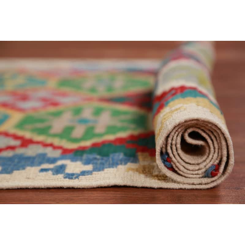 Multicolored Kilim Runner Rug Hand-Woven Geometric Wool Carpet - 2'10" x 16'0"