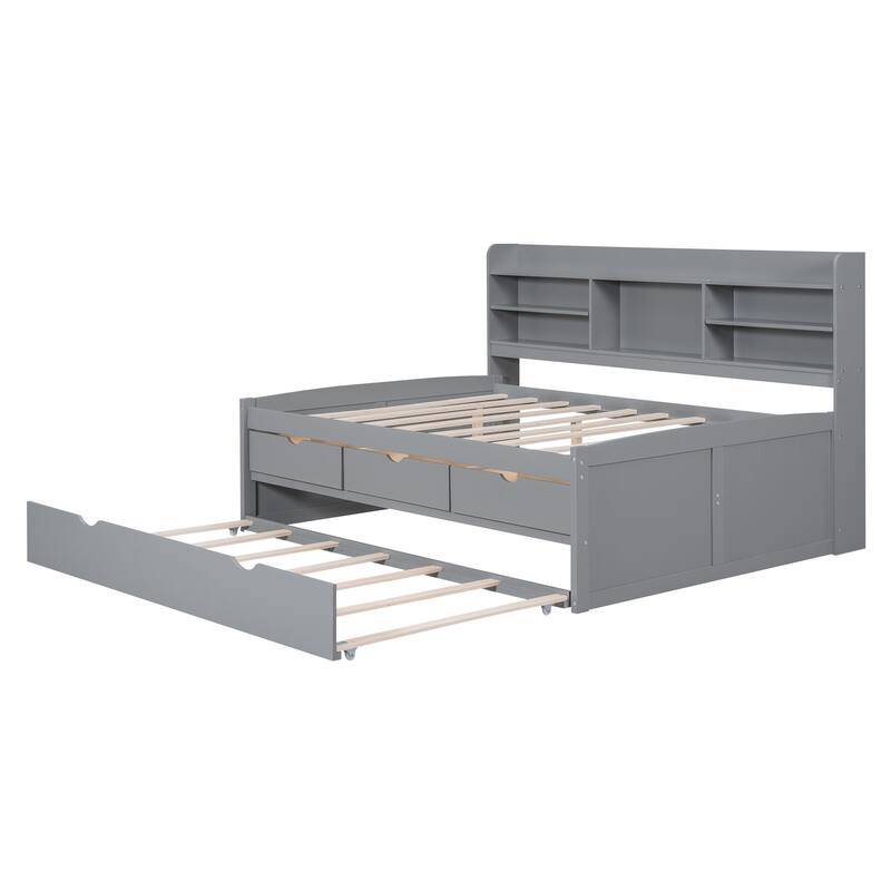 Full Size Wooden Captain Bed with Built-in Bookshelves,Three Storage Drawers and Trundle,Antique Grey