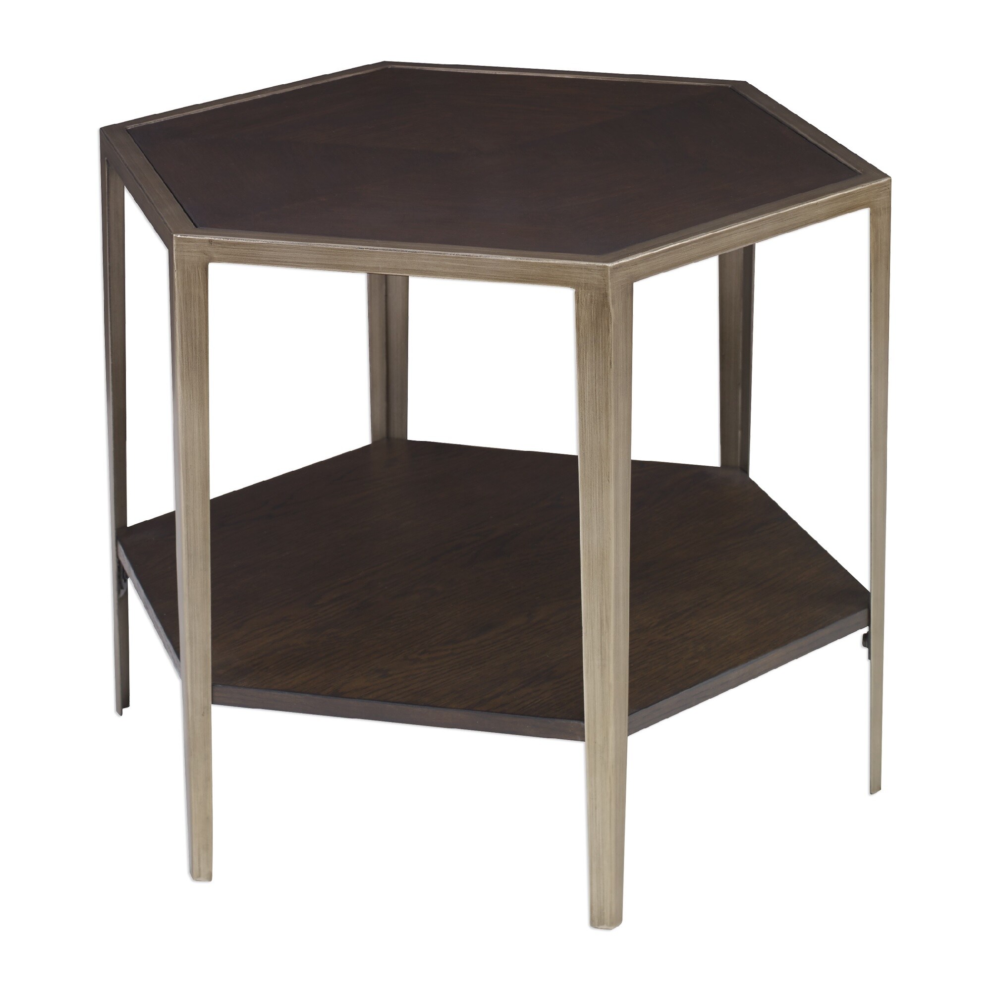 24" Gold and Brown Wood Contemporary Hexagonal Accent Table