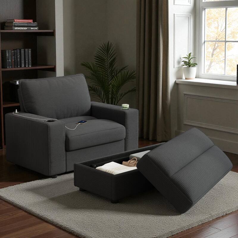 Oversized 42.8" Chaise Lounge Chair with Storage Ottoman, Corduroy Sleeper Chair with Cup Holders & USB Port for Living Room