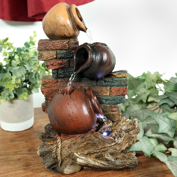 Sunnydaze Rustic Brick Wall & Jugs Tabletop Fountain with LED - 10.5 Inch Tall