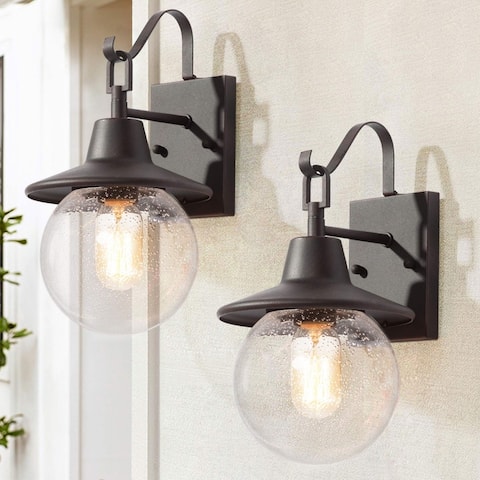 Black Farmhouse Outdoor Wall Sconce with Seeded Glass Shade - 7"L x 12.5"H