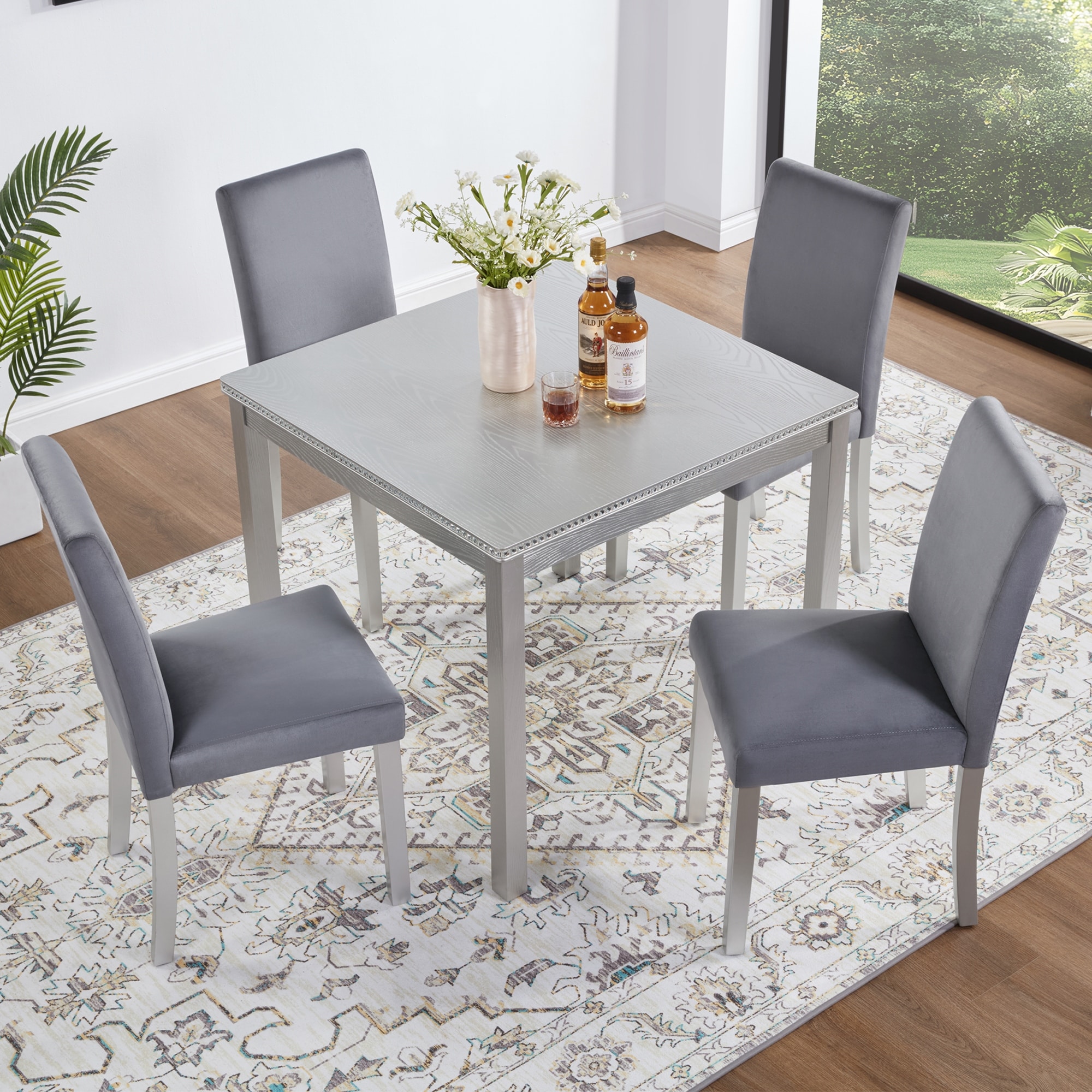 5 Piece Kitchen Dining Table Set, Modern 58.5" Wooden Square Table w/4 Upholstered Solid Back Chairs, for Living Room Furniture
