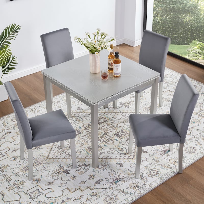 5 Piece Wooden Square Dining Table Set, with Crystal Decoration and 4 Upholstered Chairs - Silver grey