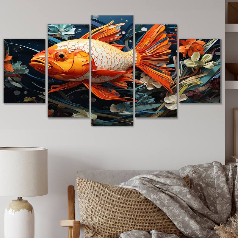 Designart "Geometric Orange Fish I" Animals Multipanel Canvas Print set - 60 In. Wide X 32 In. High - 5 Panels Diamond Shape