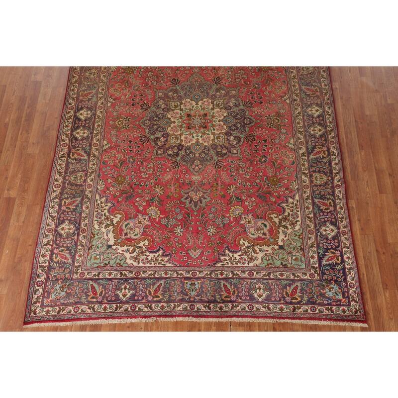Tabriz Persian Vintage Area Rug Hand-Knotted Pink Wool Carpet - 6'8"x 9'7"