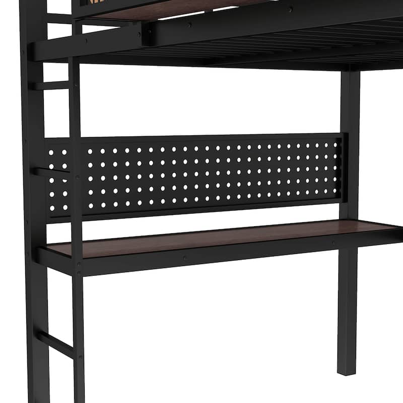 Metal Loft Bed with Desk & Storage Basket, Includes Alarm Clock & Charging Port, Queen/Full/Twin XL