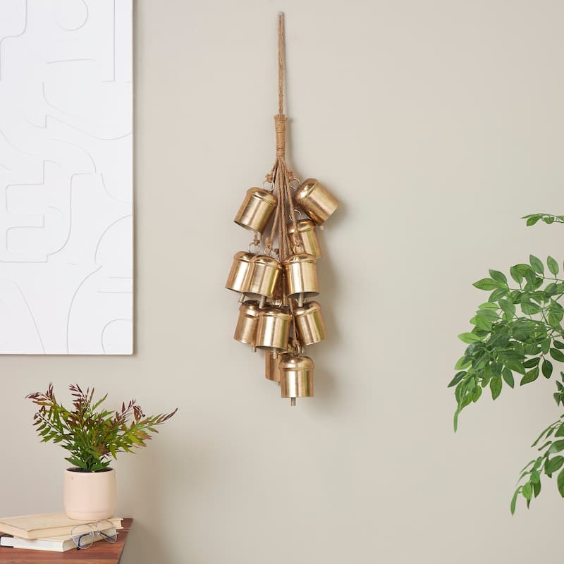 Gold Metal Cluster Decorative Bells with Jute Hanging Rope - Gold - 9" x 9" x 25"