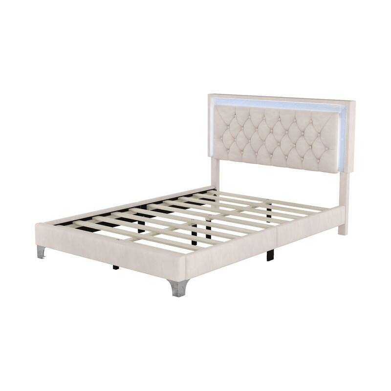 Full/Queen Size Velvet Bed Frame with LED Lights, Upholstered, Upholstered Platform Bed with