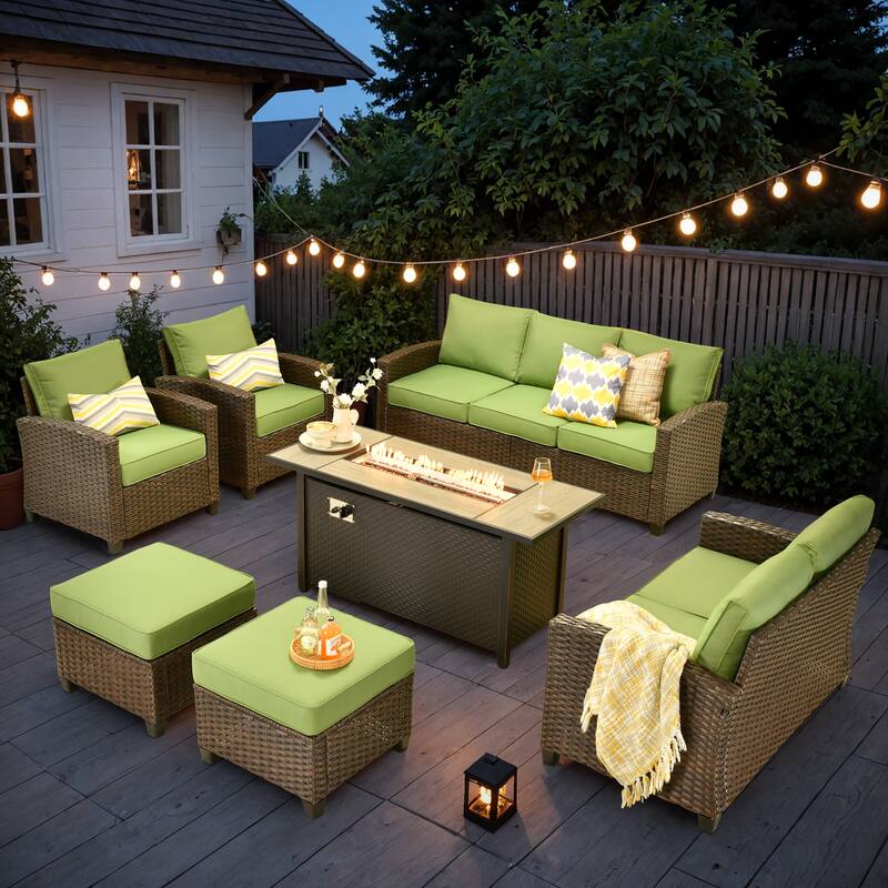 HOOOWOOO 7-piece Outdoor Wicker Rattan Patio Conversation Set with Fire Pit - Green