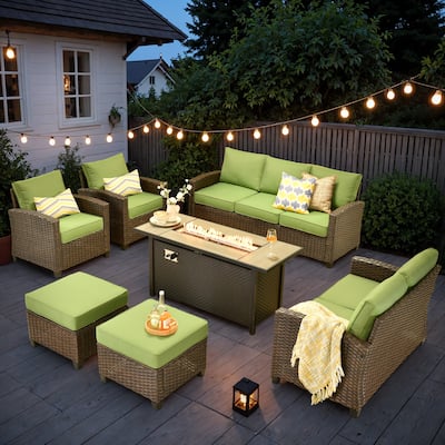 HOOOWOOO 7-piece Outdoor Wicker Rattan Patio Conversation Set with Fire Pit
