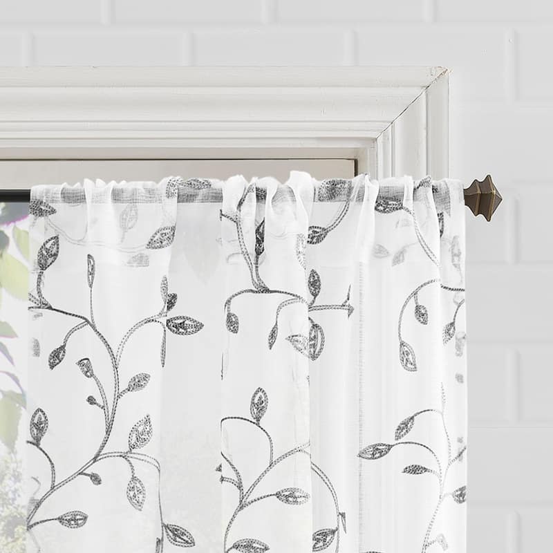 No. 918 Francine Embroidered Foliage Semi-Sheer Rod Pocket 2-Piece Kitchen Curtain Tier Pair - 54" x 36"