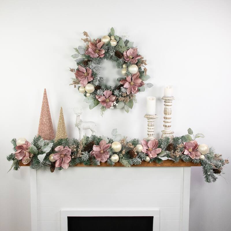 Pink Floral Ornament Frosted Pine Artificial Christmas Wreath 24-Inch