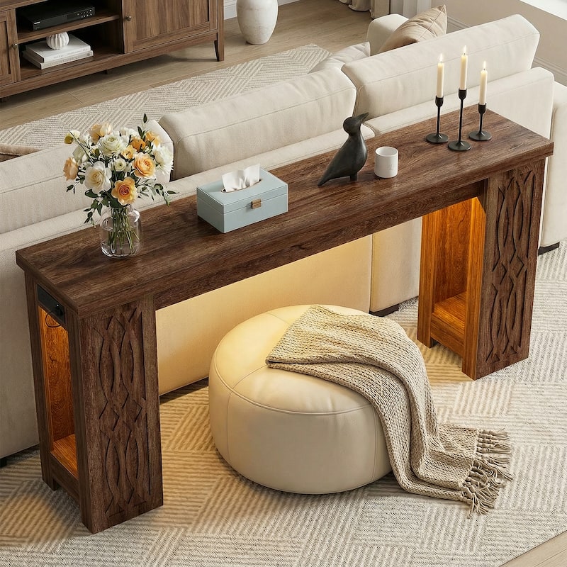 63" Farmhouse Console Table with RGB LED Lights ＆ Power Outlets, Unique Carved Design Entryway Table, Wooden Sofa Table