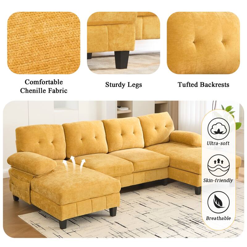 Anmytek 103.5"Chenille U-Shaped Sectional Sofa with Dual Chaise Lounges, Storage Pockets & Armrest Pillows