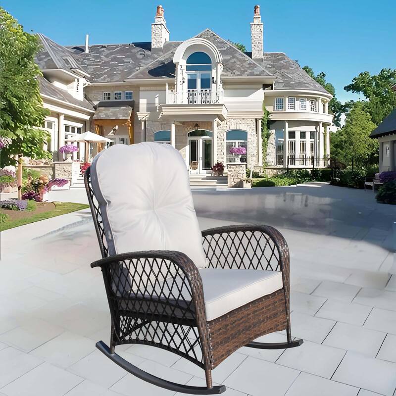 Outdoor Wicker Rocking Chair with Wide Seat, High Weight Capacity for Patio, Garden, Backyard, Beige - Grey
