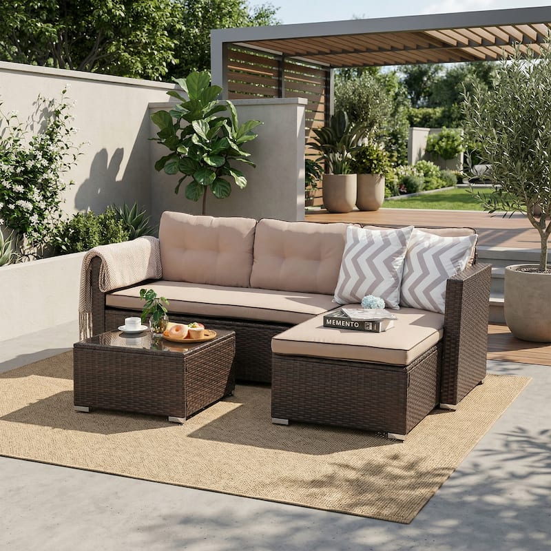 L-Shaped Outdoor Sectional Sofa, PE Wicker Patio Sofa Set with Table and Cushions - Beige