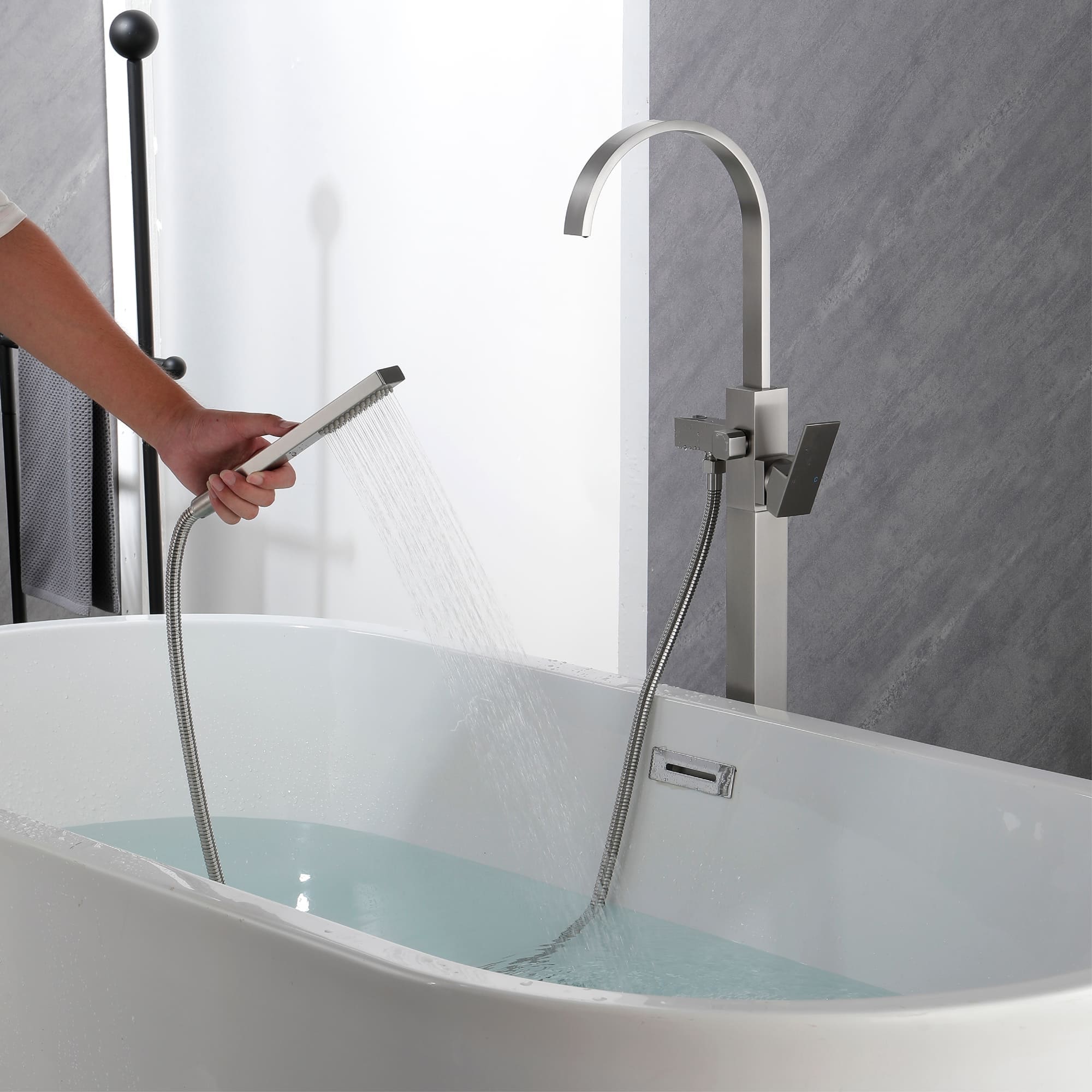 Freestanding Tub Faucet With Hand Sprayer Floor Mount Roman Bathtub Faucet Modern Waterfall Tub Filler Trim With Handheld Showe Bed Bath Beyond 36416044