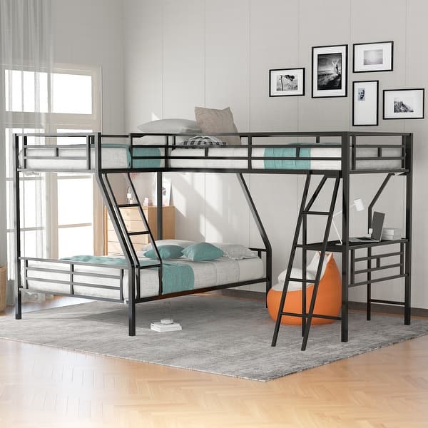 slide 2 of 9, Black Contemporary Twin over Full Bunk Bed with Loft, Desk, Guardrails, Black Black