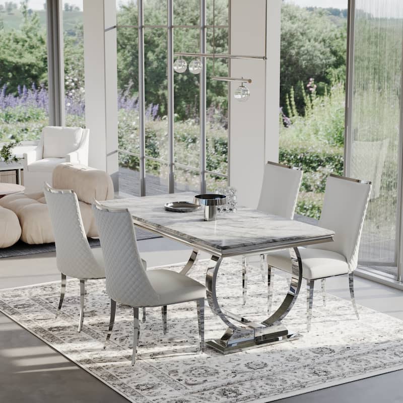 Luxurious Dining Room Table Set with Velvet Dining Chairs - Dining Table and 4 Chairs - Silver and Grey