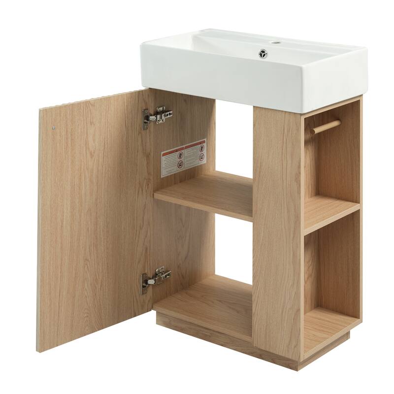 21.6" Bathroom Vanity With Ceramic Sink, Freestanding Modern Left Door Wood Grain Cabinet With Open And Closed Storage