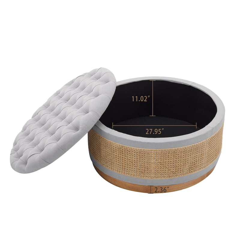 Linen & Rattan Round Storage Ottoman, Button-tufted Upholstery