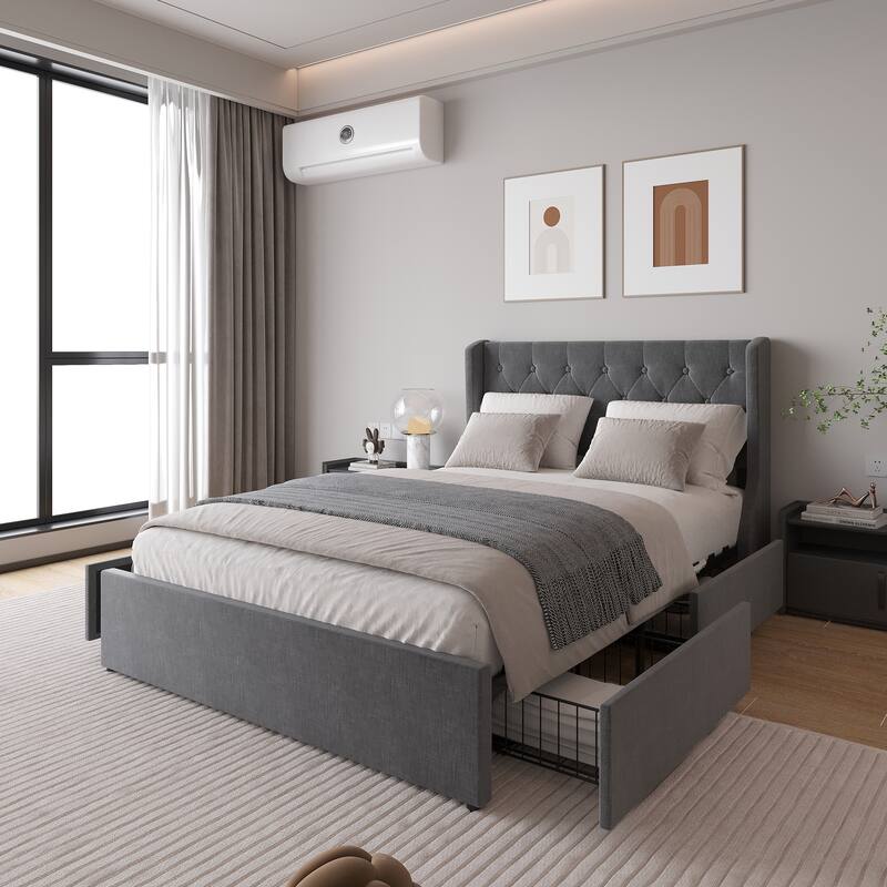 Full Size Bed Frame with 4 Storage Drawers and Wing back Headboard, Button Tufted Design