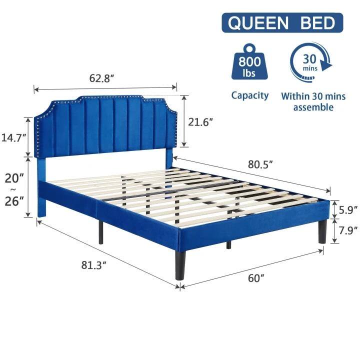 Javlergo Upholstered Platform Bed with Height Adjustable Nailhead Trimmed Curved Headboard Heavy Duty No Box Spring Needed Bed