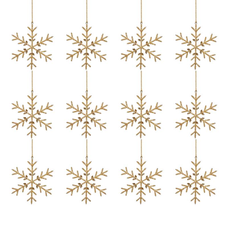 Golden Beaded Snowflake Christmas Hanging Ornaments, Set of 12, 8"