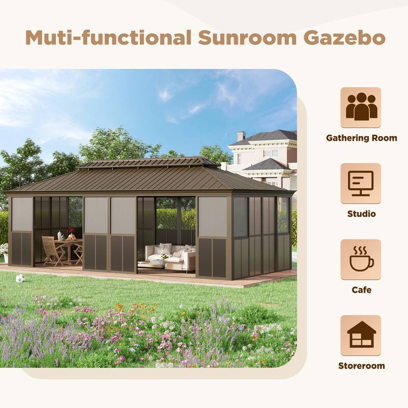 Hardtop Gazebo with Double Steel Roof, Sliding/Lockable Doors & Screens - All-Season Rustproof Aluminum Frame，Advanced Drainage