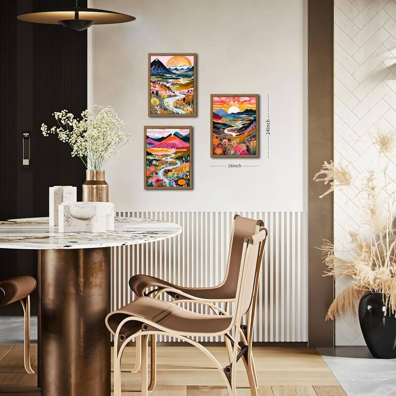 Colorful Wall Art, Set of 3 Abstract Watercolor Mountain Landscape