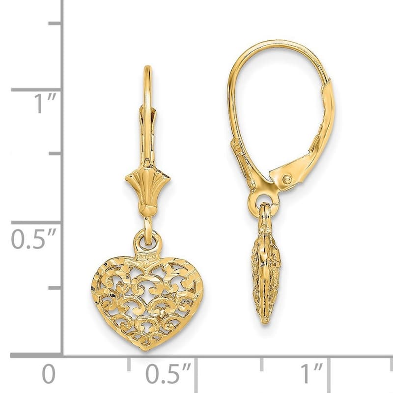 Curata 14k Gold 3 d Mini Sparkle Cut Puffed Love Heart Leverback Earrings Jewelry Gifts for Women