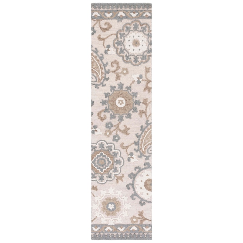 SAFAVIEH Handmade Blossom Jutka Floral Wool Rug - 2'3" x 9' Runner - Grey/Beige