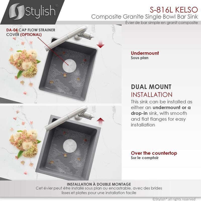 STYLISH 15.5 inches L x 17.5 inches W Dual Mount Single Bowl Composite Granite Kitchen Sink with Strainer - 15.5" x 17.5" x 8.5"