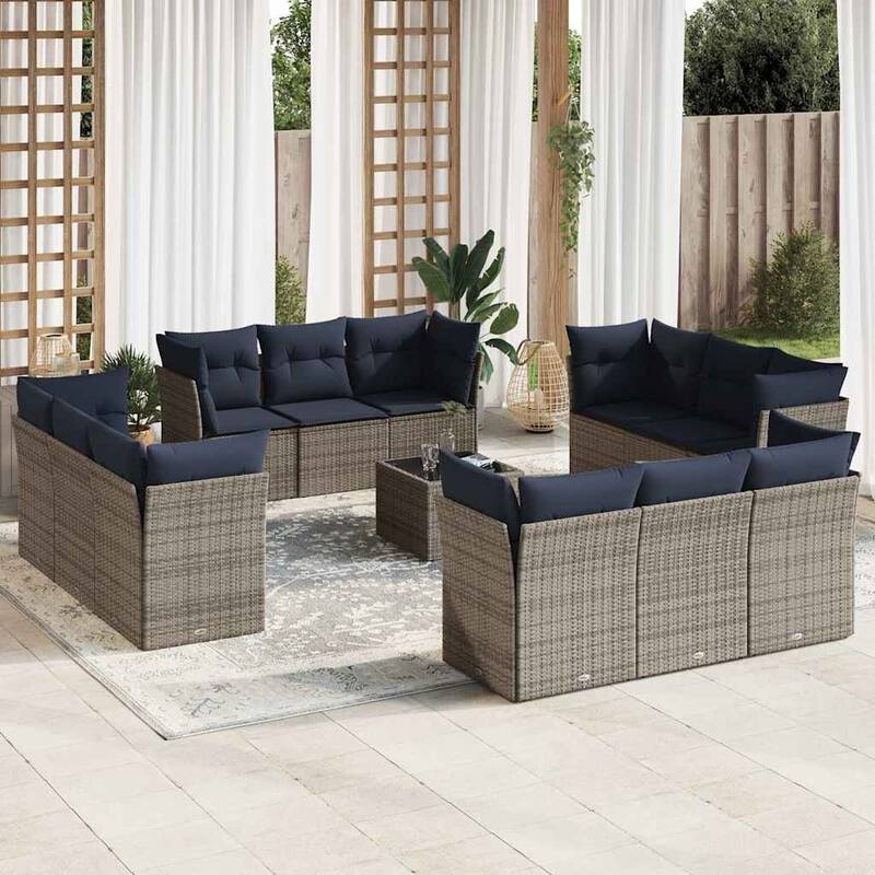 vidaXL 12 Piece Patio Sofa Set with Cushions Black/Brown/Gray Poly Rattan - 24.4 x 24.4 x 27.2 - Gray and navy blue With table
