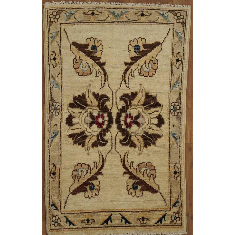 Hand Knotted Oriental 100% Wool Carpet Traditional Floral Beige & Ivories Peshawar Area Rug - 2' 11'' X 1' 10''
