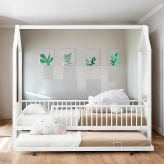 White Twin Size Metal House Bed with Fence, Kids Bed with Trundle