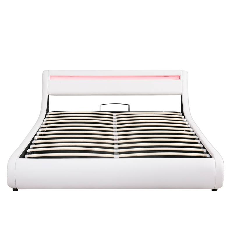 Queen Size Storage Bed Sleigh Bed Platform Bed with Hydraulic Storage System and LED Headboard Sleigh Design Low Profile Bed