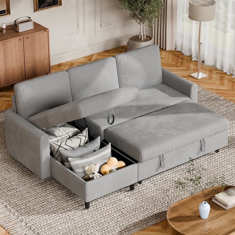 Futzca 3-in-1 Convertible Corduroy Sofa Bed with Storage, L-Shaped Sectional Couch