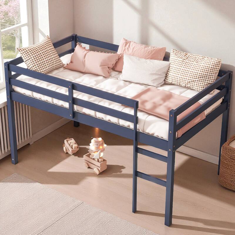 Solid Wood Twin Loft Bed with Ladder, Rubber Wood Frame Low Height Design with Guard Rails and Storage Space