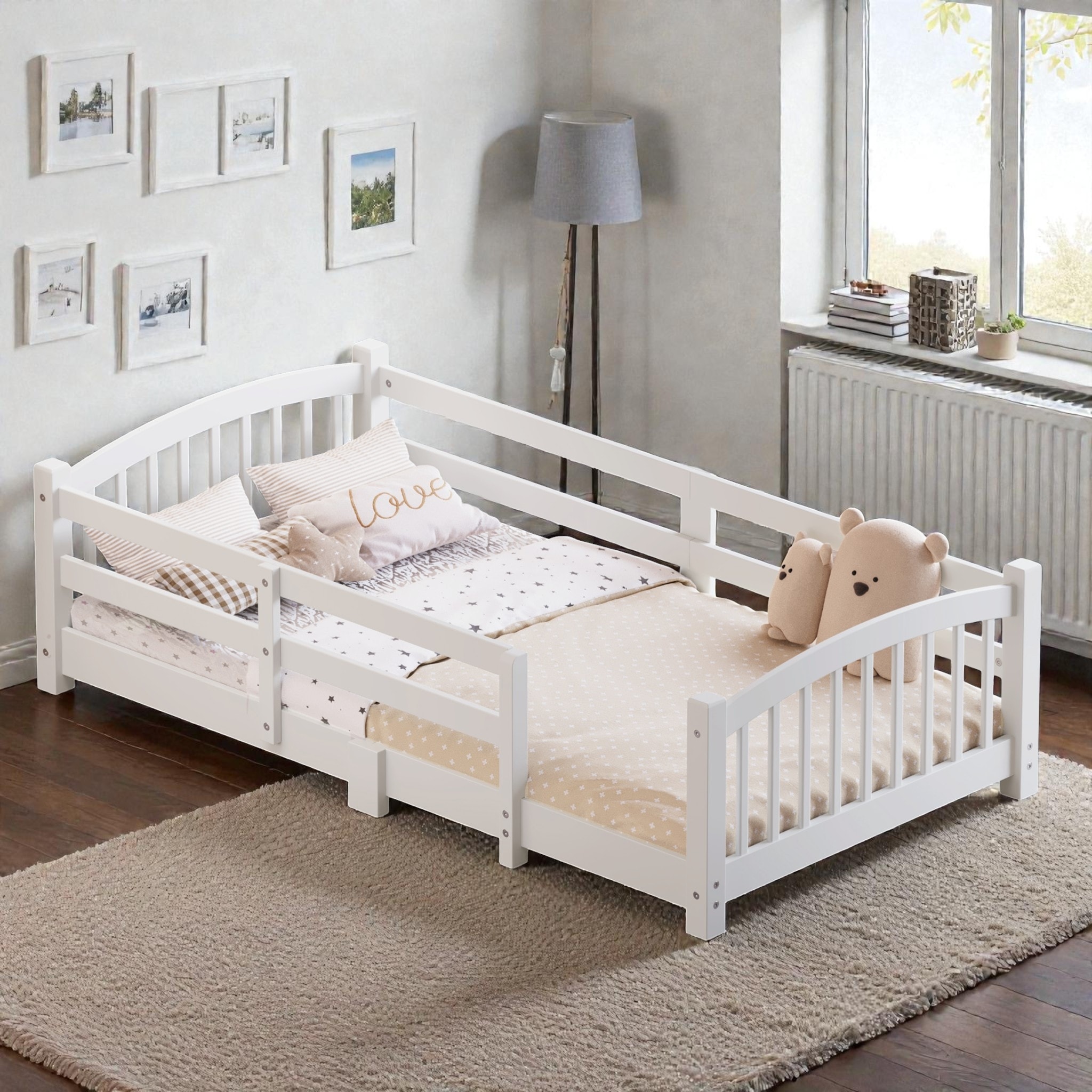Montessori Floor Bed with Guardrails and Slats, Solid Wood Kids Platform Bed Twin or Full No Door Fence Frame