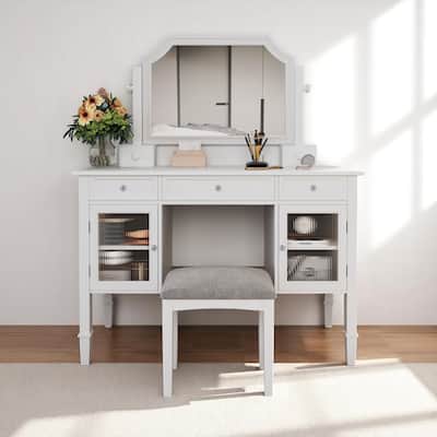 Makeup Vanity Table with Swivel Mirror, 5 Drawers, Cabinets - 44.4" Dressing Desk for Bedroom