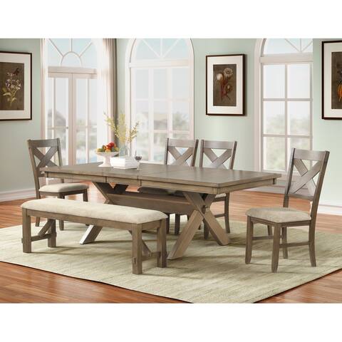 Roundhill Furniture Raven Wood 6-Piece Dining Set, Dining Table with 4 Chairs and Bench, Glazed Pine Brown